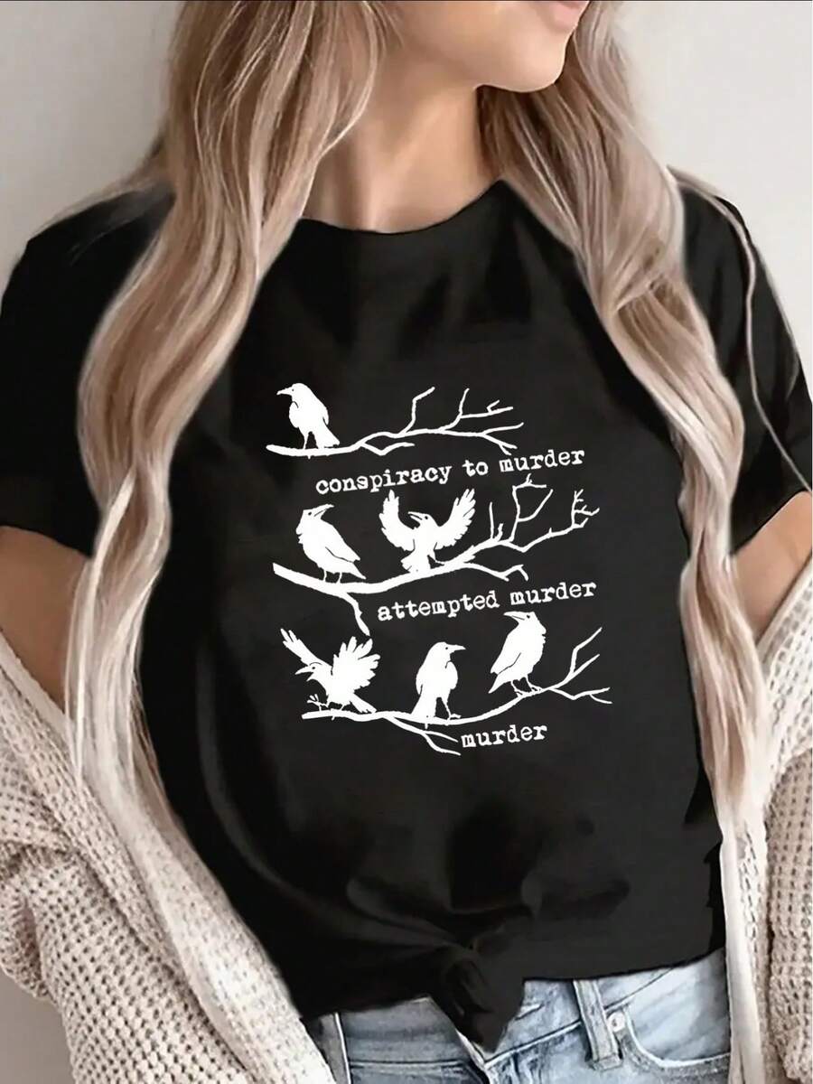 NEW Short Sleeve T-Shirt With Bird Graphic Design, Lightweight And Durable For Casual Wear At Home, Restaurant Or Outdoors, With " Conspiracy" Textual Art, Perfect For Everyday Comfort And Style - Vintage Urban Style, Unisex Loose Fit Cotton Short Sleeve Crew Neck T-Shirt, Women's T-Shirts - 黑色 - 查看 1