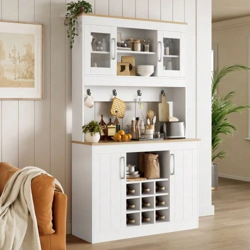 Kitchen Buffet/Sideboard With Hutch, 175 Cm, Kitchen Cabinet With Glass Doors, Wine Rack And Hook Rail, Large China Cabinet/Pantry/Kitchen Cabinet For Kitchen, Dining Room, Living Room - White - View 1