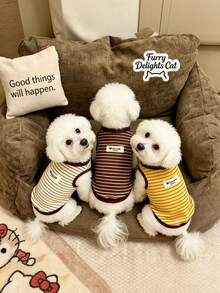 Striped Puppy Sleeveless Shirt - Soft Elastic Pet Vest With Contrasting Brown Trim, Multi-Color (Yellow/Brown/Beige) Small Breed Pet Clothing, Suitable For Indoor Leisure, Outdoor Walks And Fashionable Pet Photography Comfortable Daily Wear - Multicolor - View 8
