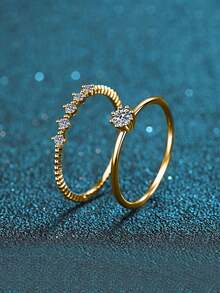 Juego de caja de regalo, juego de anillos dorados con circonita cúbica, anillo de banda retorcida + anillo de circonita de diamante individual, joyería minimalista para que las mujeres apilen - Dorado - Ver 6