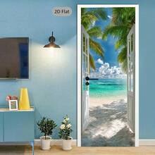 1/2pcs Tropical Style Door Sticker, Beach Scenery Door Decal, Ocean Paradise Door Decor, Fashionable Door Art, Retro Door Wallpaper, Modern Home Decor Door Sticker, 2D Flat - A - View 6