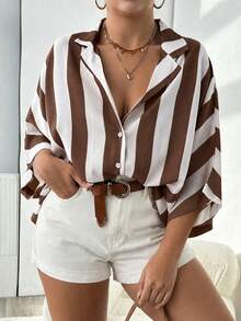 Plus Size Women's Casual Loose Fashion Versatile Simple Coffee Brown Striped Shirt, Women's Leisure Top, Resort Wear - Brown - View 1