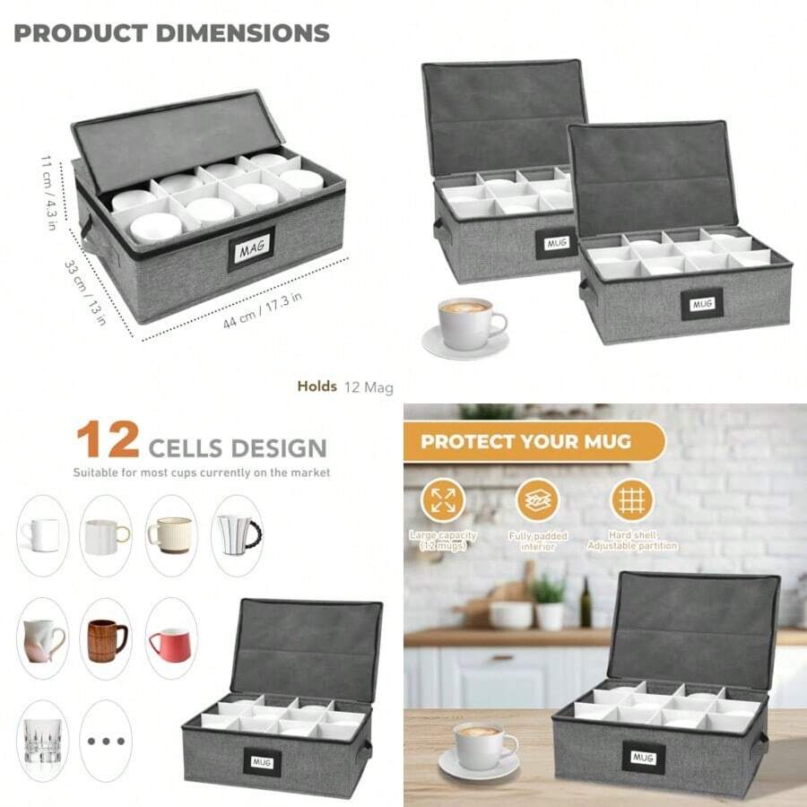 Caja de almacenamiento para copas de vino con divisores capacidad para 12 copas de vino de tamaño estándar cubeta de microfibra acolchado duradero con asas de transporte gris (sin vasos - Gris - Ver 1