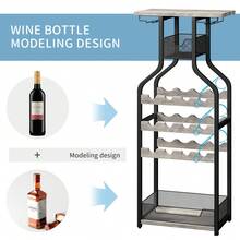 Rustic Freestanding Metal Wine Rack Table – Multi-Functional Bottle & Glass Holder Stand With Wood Countertop, Storage Shelves – Perfect For Home, Kitchen, Dining, Living Room – Compact Design - Grey - View 6