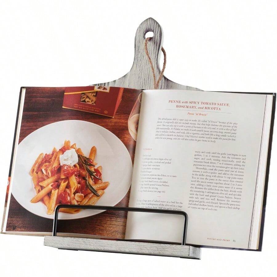 Premium Cook Book Stand. Farmhouse Cutting Board Stand Cookbook Holder, Recipe Book Holder. Distressed Cookbook Stand For Kitchen Counter. Rustic Home Decor, Adjustable Display Stand. - Blanco - Diseño de tabla de cortar - Ver 1