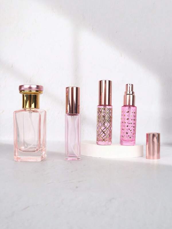 4Pcs Perfume Atomizer Set, Travel Bottle Set, Perfume Refillable Bottle, Travel Containers, Aesthetic Pink Gradient Glass Empty Fine Mist Spray, Rose Gold Cap & Gold Heart Pattern, No-Leak Portable Fragrance Dispenser, Refill Kit With Funnel Dropper Tools, Travel Essentials, Gift For Her