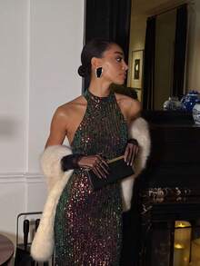 Elegant Sequin Backless Romantic Sexy Women's Dresses Fall Wedding Party Black - Black - View 2