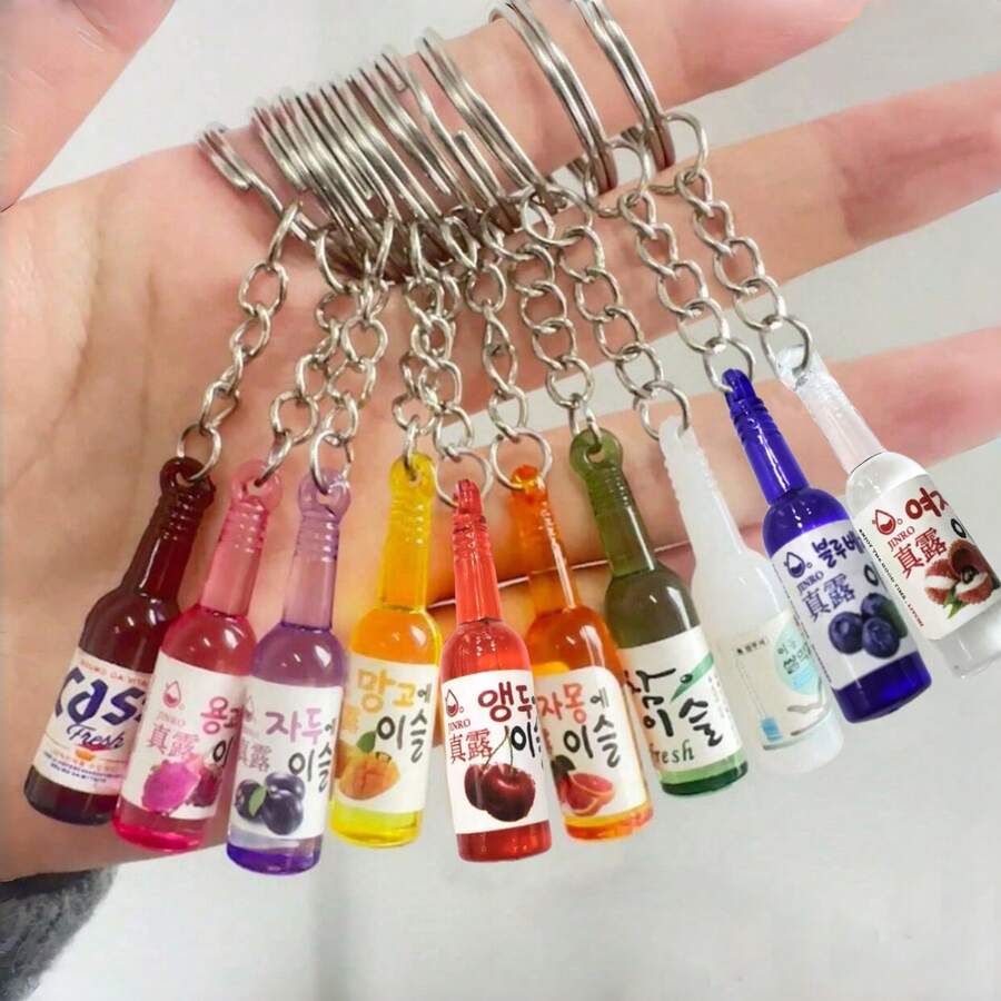 10pcs Random Assorted Multi-Color Resin Beer Bottle Keychains - Miniature Beverage Bottle Key Rings, Women's Party Gifts, Bag Charms & Decorative Accessories - Multicolor - View 1