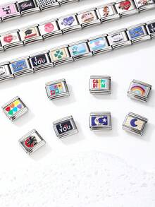1PC Stainless Steel DIY Jewelry Accessory, Printed With Car Emblem, Heart, Rainbow, Moon, Devil's Eye Pattern, DIY Making Jewelry For Bracelet Necklaces Ring ,Modular Bracelet Components Can Be Freely Matched With Different Styles - Modules - View 2