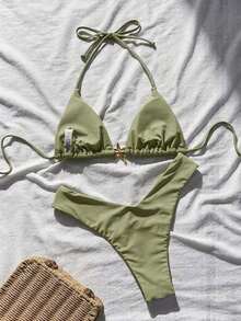 Swim Mod Conjunto de bikini de mujer con tirantes finos, unicolor y decoración metálica, sexy, para verano - Verde 3 - Ver 2