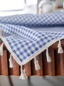 Tokoto Blue Gingham Tablecloth With Tassel Fringe, Farmhouse Cotton Linen Table Cover For Dining Table, Nightstand & Coffee Table Decor, Rustic Boho Plaid Style - Blue - View 9