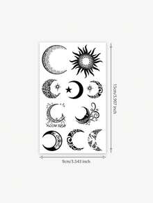 1pc Black Boho Sun Moon Star Mandala Mixed Pattern Temporary Tattoo, Men's Temporary Tattoo Patch, Simulated Tattoo Design, Suitable For Travel, Music Festival, Games, Graduation Gifts, Lasts For 3-5 Days - Black - View 6