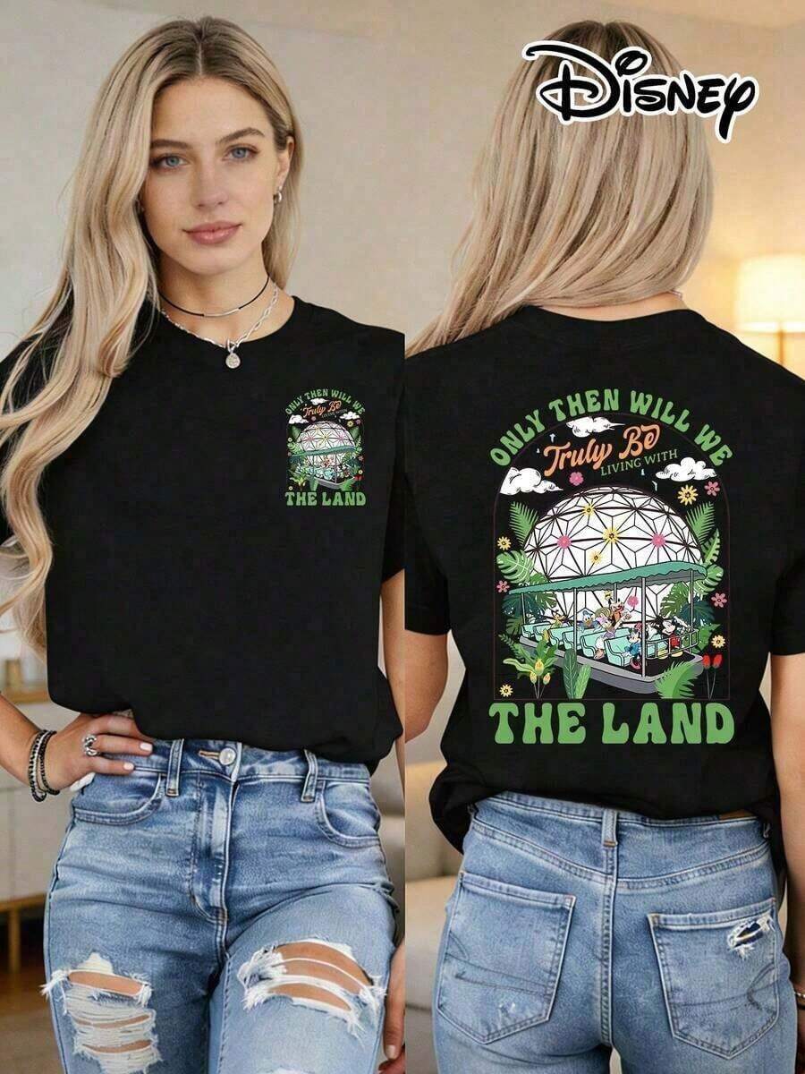 Disney Official Authorization | Women's 100% Cotton Printed Short Sleeve T-Shirt. Features A Theme Park Print With Tropical Greenery, Vibrant Flowers, And The Slogans "ONLY THEN WILL WE Truly Be LIVING WITH THE LAND" And "THE LAND". This Loose-Fit T-Shirt Is Suitable For Disney Fans Of All Ages, Making It An Ideal Choice For Vacations, Outings, And Daily Casual Wear.--Disneys Disneyland Paris The Magic Kingdom Disneyesque The House Of Mouse Mickey Mouse Empire Modest Summer Outfits Take That T Shirt Summer Coord Tops For Women Summer Summer Clothes Women Summer Clothes Summer Tops Summer Tops Women Summer Co Ord Summer Top Summer Outfits White Top Black Top Holiday Outfits For Women Tops For Women Summer Holiday Gifts Valentine's Day Gifts Earth Day Gifts Oktoberfest Gifts Summer Bank Holiday Gifts - màu đen - Xem 1