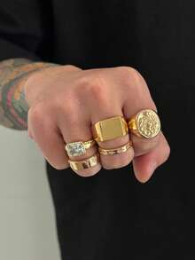 Set de 5 anillos de metal de moda para hombre con incrustaciones de formas geométricas de diamante de imitación transparente - Dorado - Ver 3