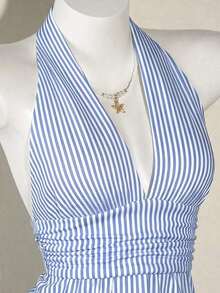 Top sin espalda de halter estilo boho marrón para salir, tipo babydoll, para primavera a verano - rayas azules - Ver 7