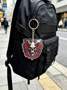 2D Flat, Creative Skull Demon Design Keychain Pendant, Decor For Backpack And Car Keys, Holiday Gift For Best Friends And Family, Fun Present - Old Gold - View 3