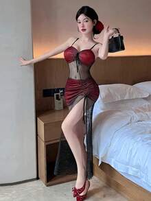 Vestido largo de malla con escote bajo y abertura alta, vestido de noche sin tirantes para discoteca, vestido transparen... - Vino tinto - Ver 2