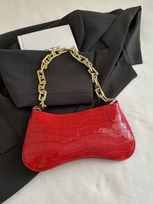 1pc Shiny Solid Gold Chain Decor Underarm Baguette Bag - Burgundy - View 9