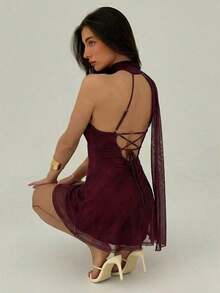 Vestido mini de moda de unicolor sin mangas para mujer - Burdeos - Ver 8