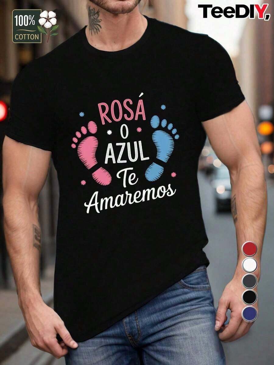 Men's Gender Reveal T-Shirt With "Rosa Azul Love" Design In Spanish - Comfortable Fit, Short Sleeves, Round Neck, Casual Style, With Footprint Design And Text In Spanish For Gender Reveal Parties, Showers, Casual Wear - Gift For Expectant Fathers (And Pink Color). - 黑色 - 查看 1