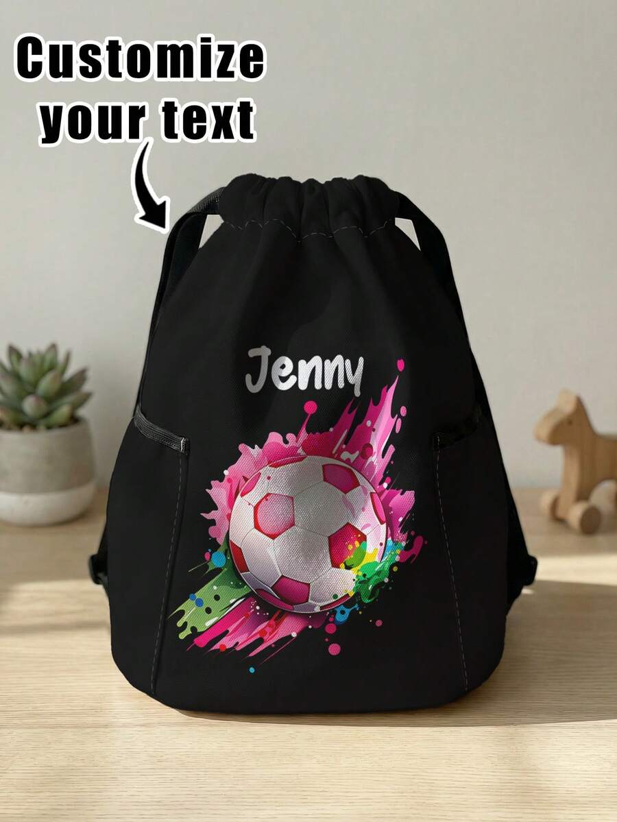 1pc Customized Name Cartoon Soccer Pattern Drawstring Backpack, Sports Bag With Pockets, Can Be Customized According To Your Unique Design, Back To School Gift, Perfect For Kids, Boys, Girls, Print Your Own Name Or Print Your Sister's And Classmates' Names As Gifts For Them - Multicolor - View 1