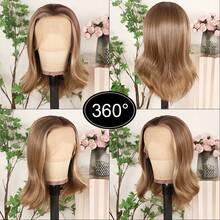Glueless 13X4 Platinum Blonde Short Wave Lace Front Wig Pre Plucked Hairline Soft Bob Wavy Wigs 14 Inch Heat Resistant Ombre Blonde Colored Bob Wavy Synthetic Hair Replacement Wigs Breathable HD Lace 180% Density Wear And Go Wigs For Women Girls Daily & Party Use - 漸層棕色 - 查看 5
