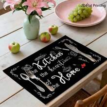 4 piezas Manteles individuales con patrón de cocina negra, diseñados con gráficos de utensilios de cocina, adecuados para la decoración del comedor, uso doméstico, restaurante, camping y fiestas, para todas las estaciones - Multicolor - Ver 6