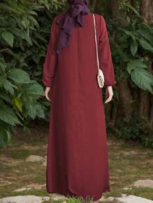 Women's Solid Color Long Sleeve Round Neck Woven Dress With Pockets, Elegant Autumn Gown - Burgundy - View 3