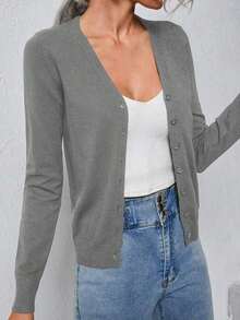 Blusa casual de manga larga con botones delanteros de unicolor para mujer, para uso diario, suéter de punto en otoño/invierno - Gris - Ver 1