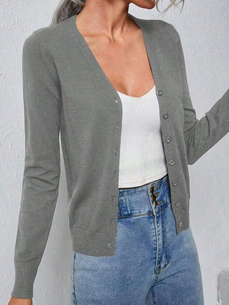 Blusa casual de manga larga con botones delanteros de unicolor para mujer, para uso diario, suéter de punto en otoño/invierno - Gris - Ver 1