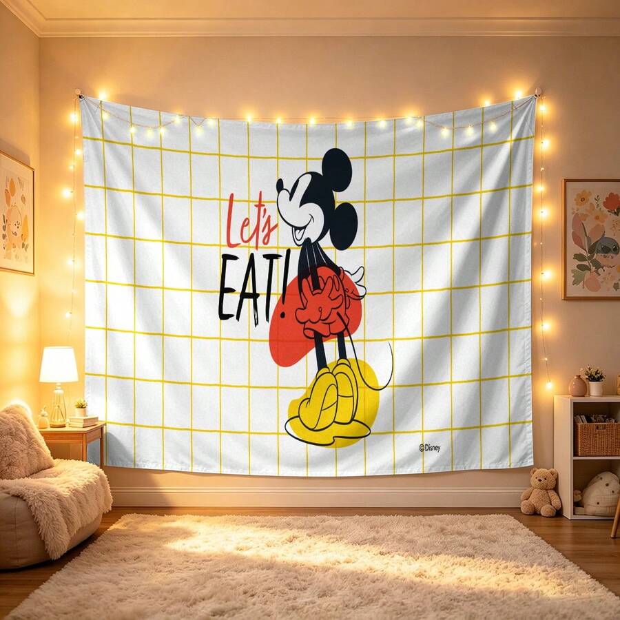 Disney Mickey Mouse Tapestry With Yellow Grid Pattern, "Let's Eat!" Quote, And Stylized Mickey Illustration Print No-Hole Backdrop, Perfect For Parties, Camping, Home Decor, Scene Setup And Gathering Displays - 0 - View 1