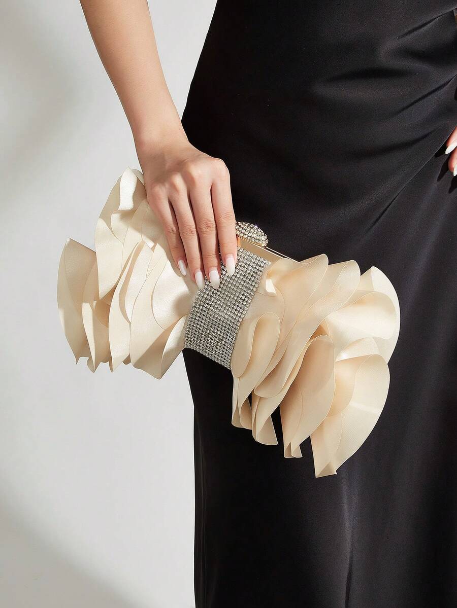 Elegant Charming Petal Banquet Clutch Bag, Ruffle Design Handbag, Suitable For Evening Gown, Applicable For Wedding/Vacation/Formal Party/Ball, With Chain, Random Petal Shape - Apricot - View 1