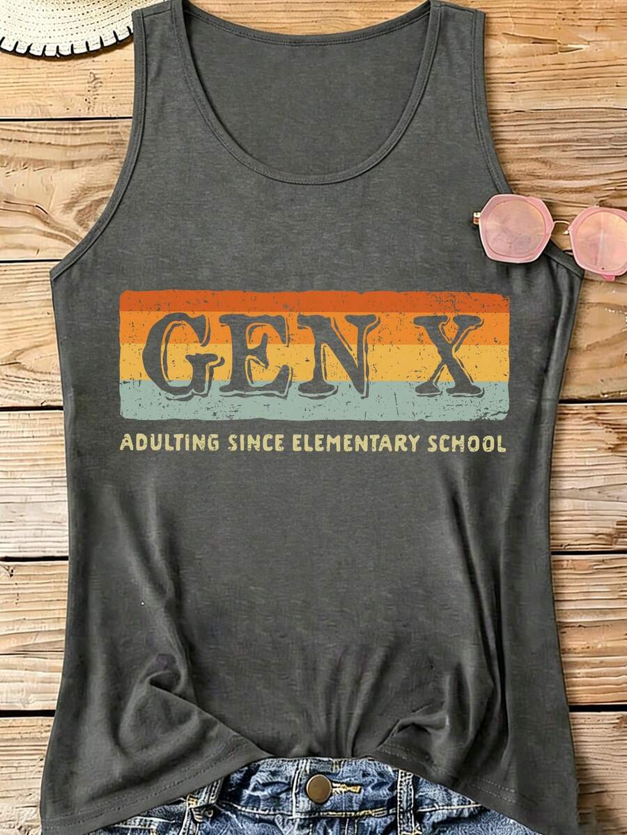Women's Vintage Gen X Retro Sunset Print Tank Top, 180G Vest Casual Summer Top,Gen X Aesthetic Tees, Festival Outfits For Women,Country Concert Outfit - 深灰色9 - 查看 1