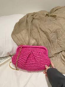 Dedoo Fashion Woven Straw Handbag, Elegant Suitable For Vacation Travel, Fashionable Top Handle Tote Bag, Khaki Color, Lightweight Zipper Pocket, Straw Bag, Beach Bag - Hot Pink - View 6