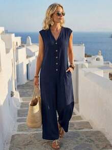 Women's Versatile And Fashionable Solid Color Jumpsuit With Buttons For Vacation - Grey - View 7