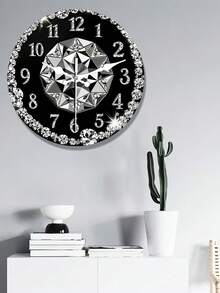 1 Stück 2D flache Holz Wanduhr, schwarzer Hintergrund mit Diamant Dekor, runde Uhr, glänzender Strass Rahmen, geometrisches synthetisches Edelstein Design, geeignet für Wohnzimmer, Schlafzimmer, Büro, Hotellobby, Esszimmer Dekoration - Verschiedenfarbig - Übersicht 2
