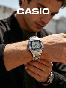 CASIO 日常復古必備款：中性不鏽鋼數位手錶，方形銀色錶盤，30M 防水，附鬧鐘、秒錶、螢光顯示 A178WA-1A - 銀色 - 查看 4