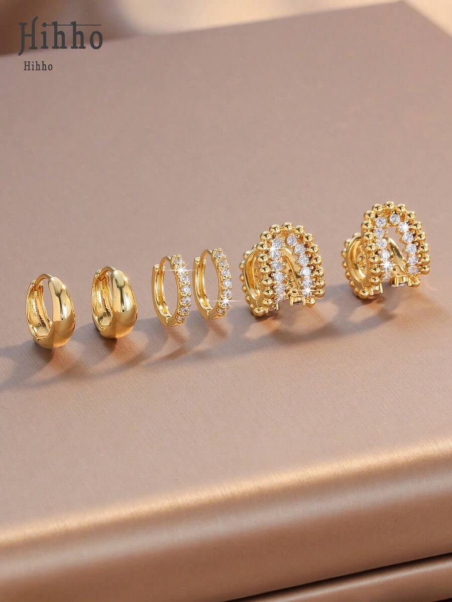 Hihho 3 Pairs Hoop Earrings Set, Golden Bead Ring Design, Densely Embedded Luxury Rhinestones, Fashion Minimalist, Suitable For Casual And Gentle Outfit, Versatile For Daily Wear - Gold - View 1