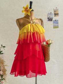 FJDVSoleia Nuevo vestido elegante y romántico para invitados de boda, de unicolor, con espalda descubierta, multicapa con volantes de gasa, minivestido, adecuado para estilo bohemio, boho, flores románticas, vacaciones, fiestas florales, citas, San Valentín, Pascua, carnaval, té de la tarde, playa, crucero, vacaciones en la ciudadFBSB 1SYR - Naranja Quemada - Ver 8