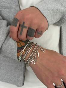 Set de 4 piezas Pulsera de cadena con cuentas y colgantes de estrella de cinco puntas hueca y remaches, estilo punk metálico para hombres - Plateado - Ver 3