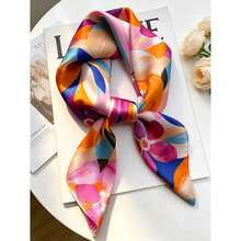 Pañuelo de seda de satén con estampado floral de 70x70cm, estilo artístico, patrón de flores abstractas multicolor vibrante, envoltorio multiusos para cuello y cabeza - Multicolor - Ver 1