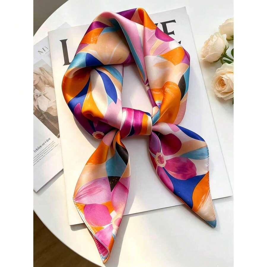Pañuelo de seda de satén con estampado floral de 70x70cm, estilo artístico, patrón de flores abstractas multicolor vibrante, envoltorio multiusos para cuello y cabeza - Multicolor - Ver 1
