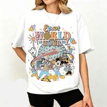 Disney Women's T-Shirt  1PC Licensed "Retro Epcot World Tour 1982 Mickey & Friends" Cartoon Printed Oversized T‑Shirt, Short Sleeve Tee For Disney Travel, Vacations & Theme Parks. 2026 New Style, Ideal For Family Outings & Drinking‑Around‑The‑World Matching Outfits, Unisex For All Ages. High‑Quality Cotton Fabric, Soft & Breathable. Vintage Pastel Epcot Spaceship Earth & Classic Character Group Print Design, The Best Gift For Disney Epcot Vacation Lovers. - White - View 1