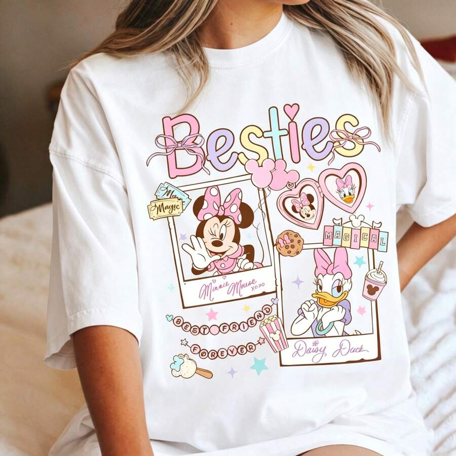 Disney Women's And Men's T-Shirts Retro Coquette Bow Minnie And Daisy Oversized T-Shirts, 100% Cotton Retro Short-Sleeved Casual Shirts, And Graphic Printing T-Shirts For Magic Kingdom Girls Matching Wear - trắng - Xem 1
