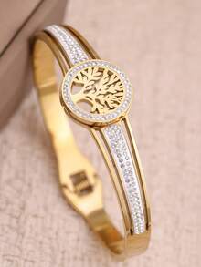 1pc Vintage Tree Pattern Gold-Tone Stainless Steel Bracelet With Rhinestones For Women - Yellow Gold - View 7