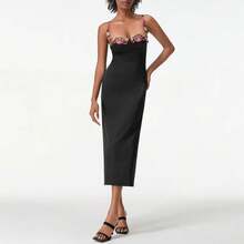 Vestido largo de satén con tirantes finos para mujer, vestido ajustado sin mangas con bordado de flores, vestido de cóctel para y Club de verano - Negro - Ver 2