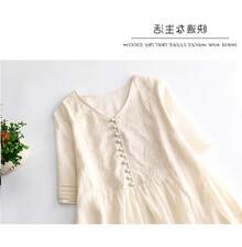 Vestido largo de verano de algodón y lino con cuello en V para mujer, estilo coreano, falda acampanada de cinco mangas, estil... - Color de la imagen - Ver 2