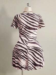 Vestido de manga corta con estampado de cebra, corte slim, tallas grandes, adecuado para el verano, vuelta al colegio, baile de graduación y otras ocasiones. - Multicolor - Ver 6