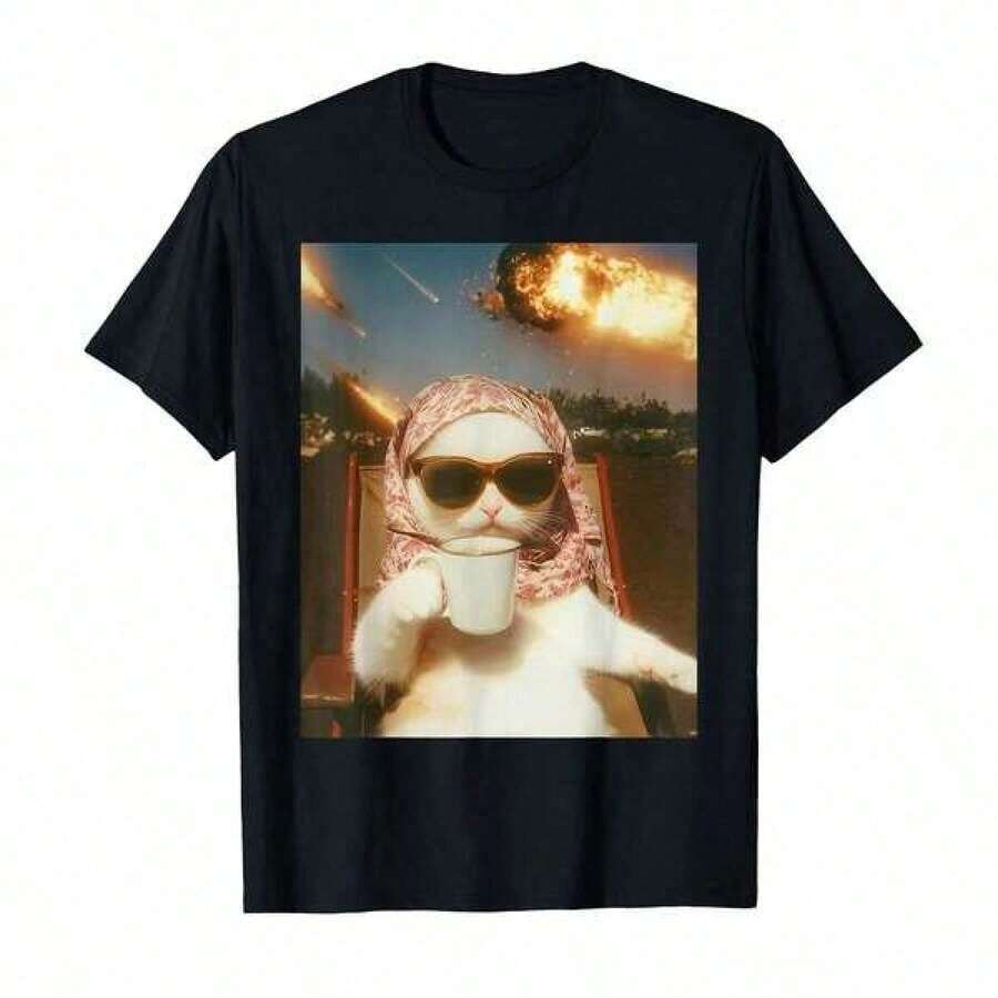 Printed T-Shirt, Cotton Graphic Tees, Plus Size, Cartoon Crew Neck, Short Sleeve, Funny Off-Balance Volcanic Cat Design T-Shirt For Cat Lovers, For Men And Women.| Unisex Short Sleeve T-Shirts Made Of Soft, Breathable, And Comfortable Fabric, Perfect For Summer, Y2K Style, Men's Oversized Shirt, With Shirt, Summer Tops, Suitable Shirt. - 黑色 - 查看 1