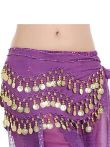 Tiara + Bracelet + Necklace And Scarf Set With Arabic Coins For Dance - Purple - View 3